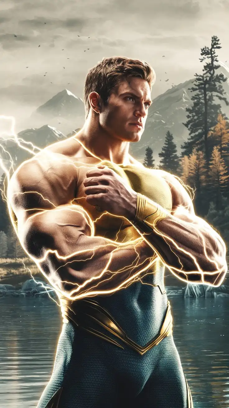 Supercharged brawn. Herculean powers. Golden electric glow. 35 years old. Contemplating destiny. Photorealistic.