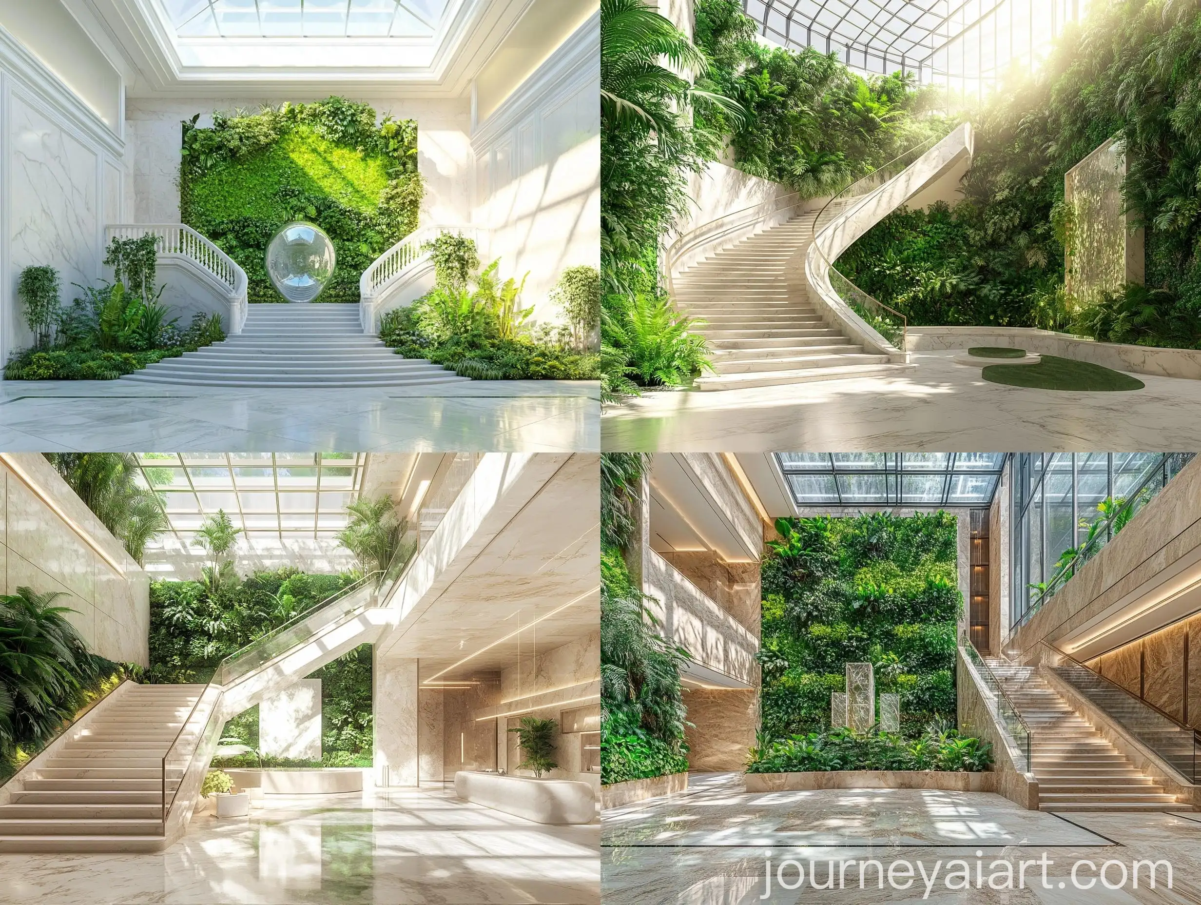 Luxurious-Indoor-Garden-with-Grand-Marble-Staircase-and-Modern-Art-Installation