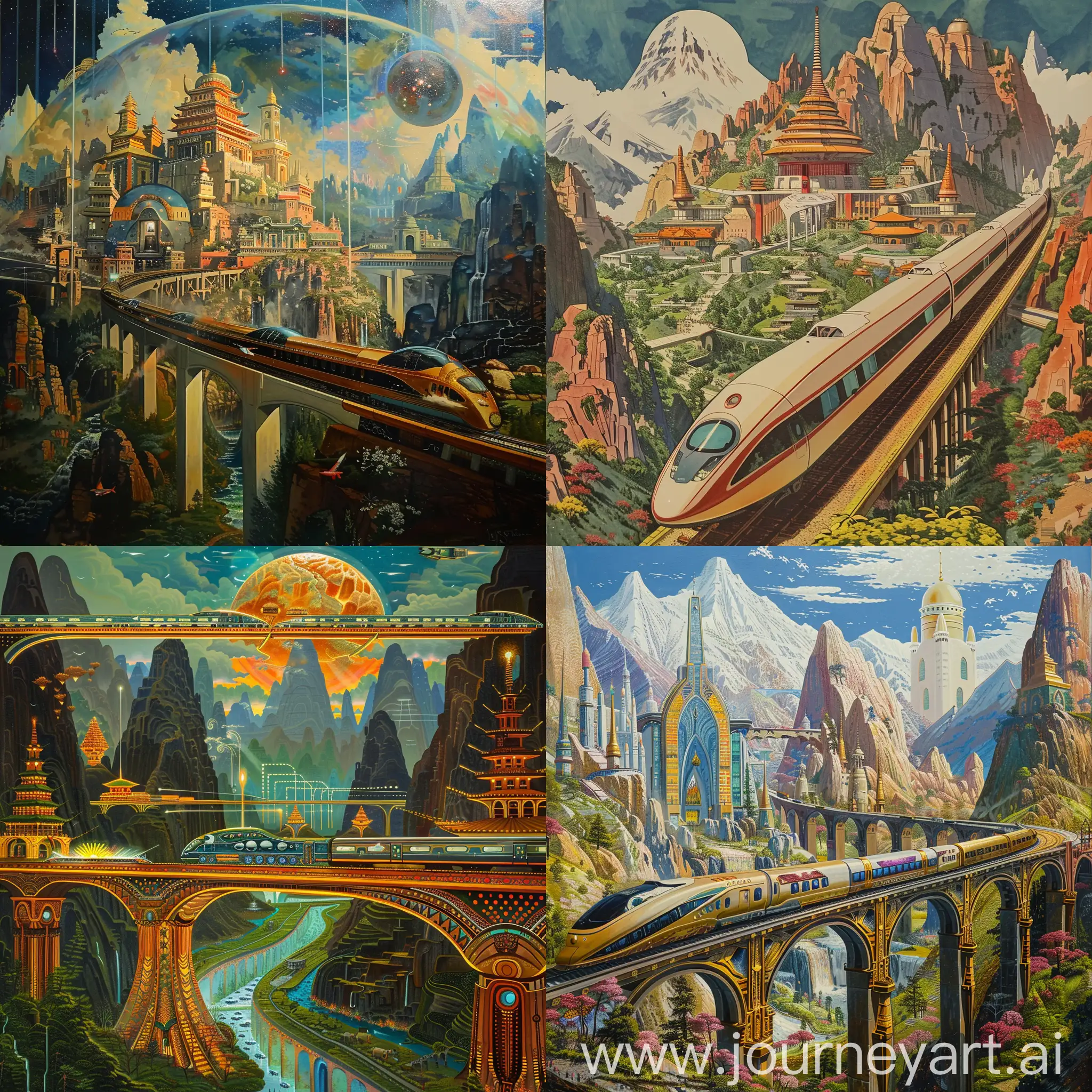 Futuristic-Tibetan-Thangka-with-Eco-Futuristic-City-and-Train