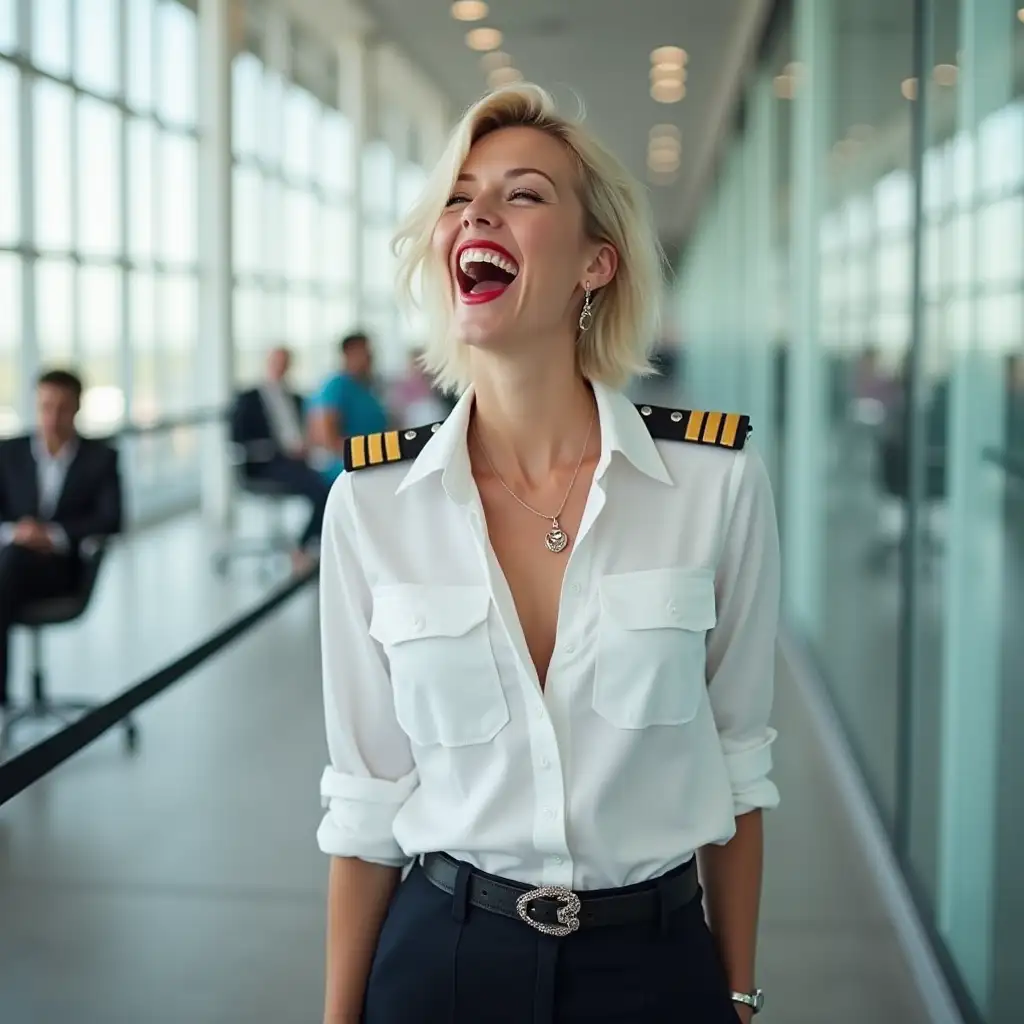 white norvegian pilot lady, in white deep-necked pilot shirt, laughing with her mouth open, red lipstick accentuating her smile,belt on waist, big wide hips, chest are fully grown, jewerly, short hair, HD, enjoying at airport , photo-realism