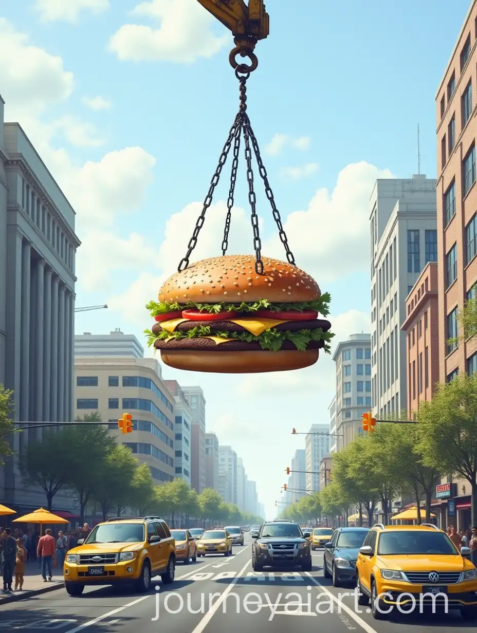 Surreal-Urban-Street-Scene-with-Floating-Hamburger-and-Excavator