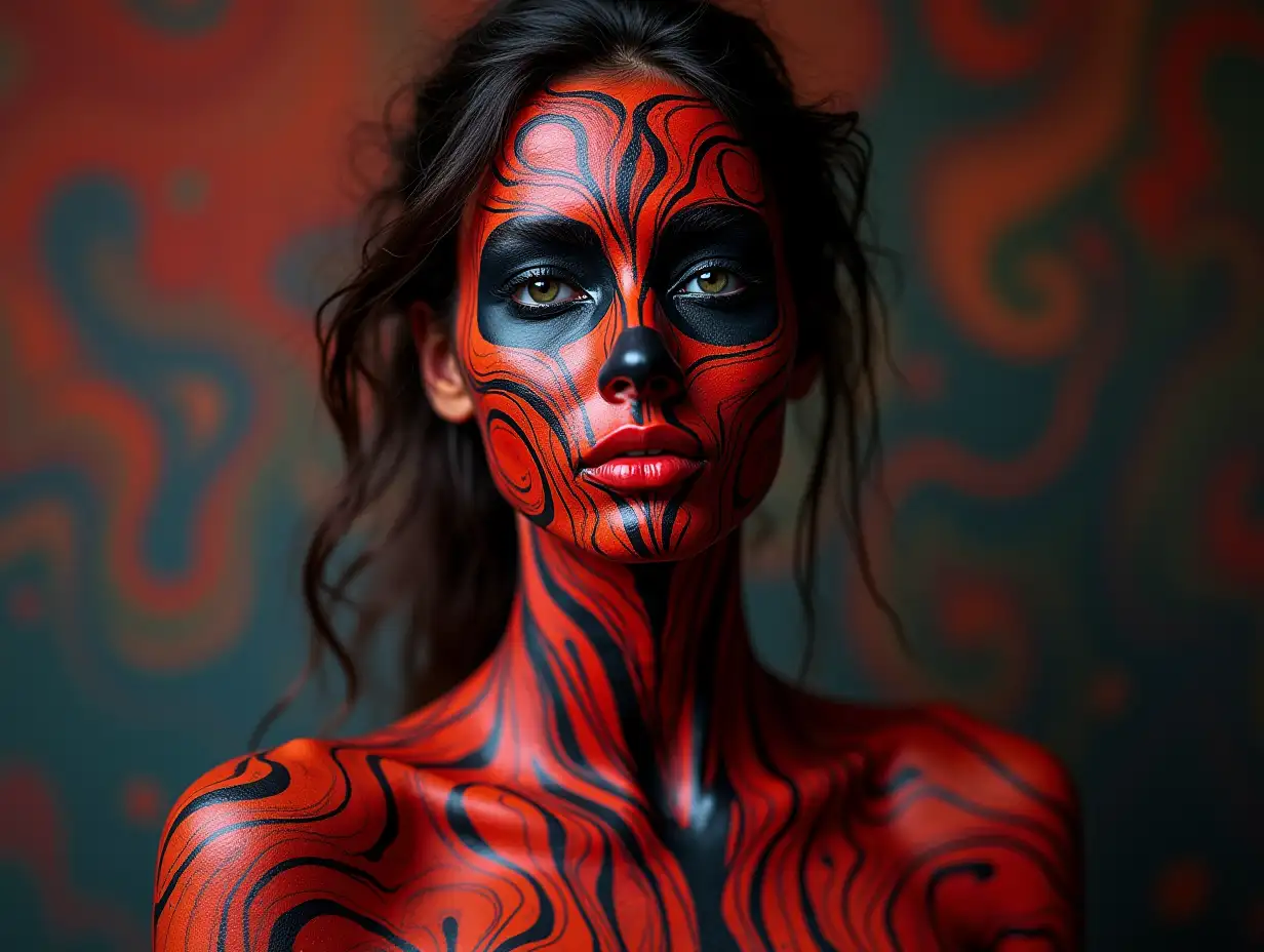 a color photo of a person with a black-red painted body with swirls and waves, marble, psychedelic art, a full body representation