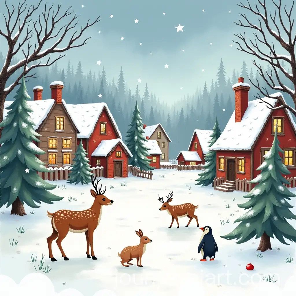 Winter-Holiday-Scene-with-Animals-in-a-Snowy-Village-Background
