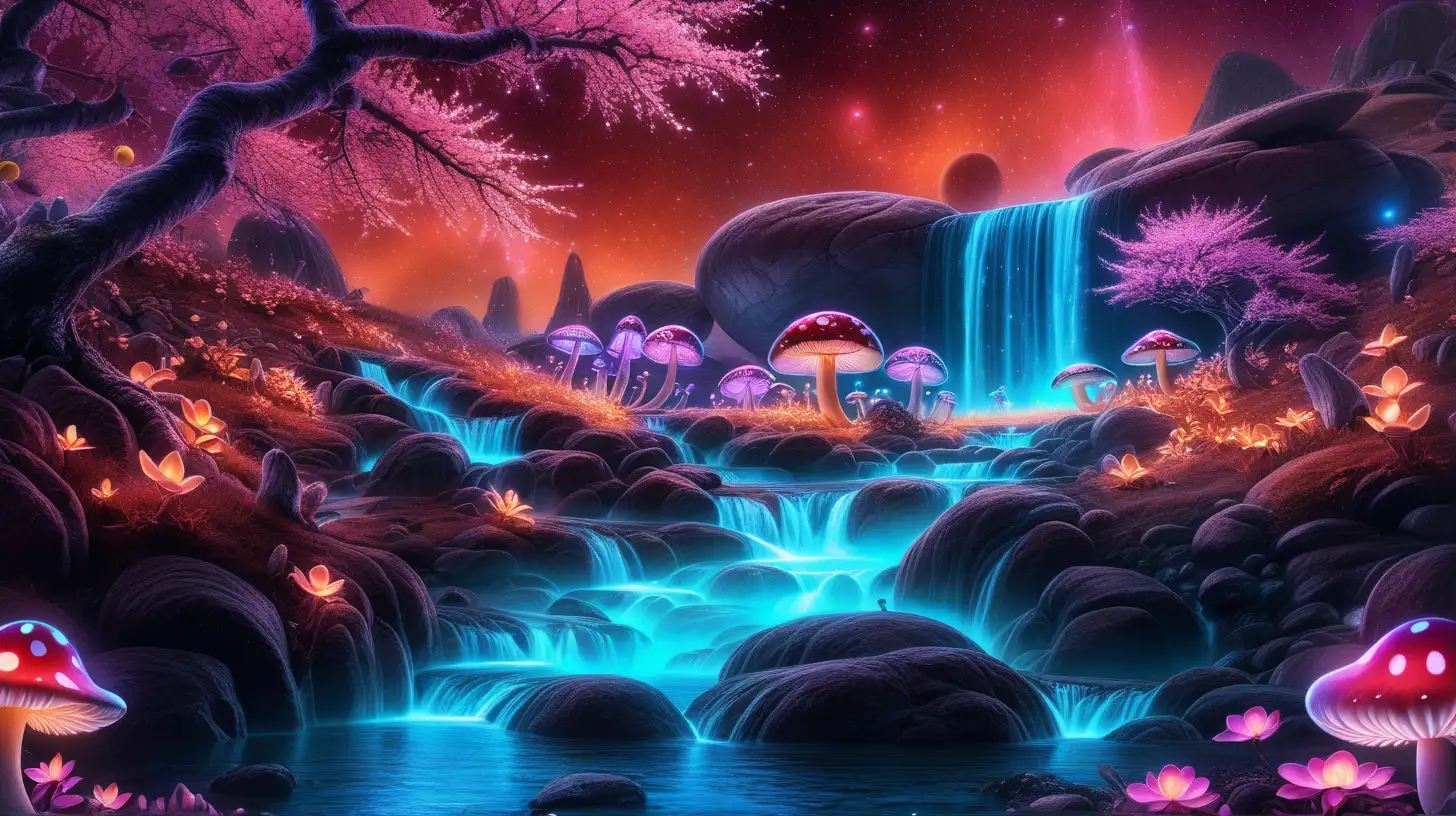 Enchanting Forest with Neon Mushrooms and a Glowing Lake