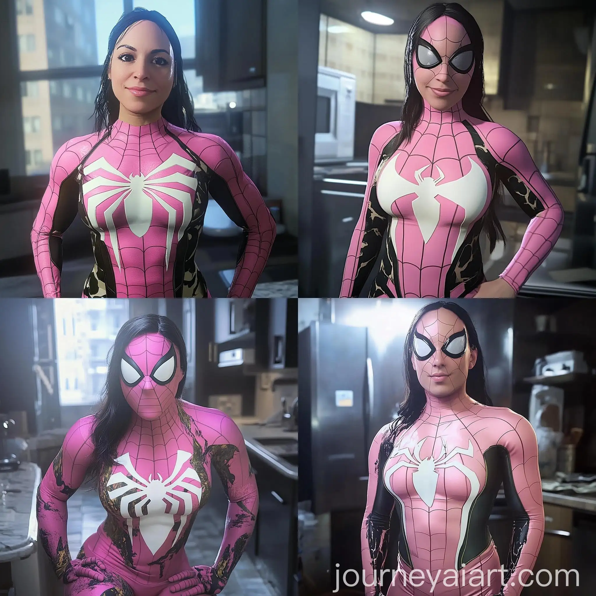 Person-in-Pink-Spiderman-Suit-with-White-and-Black-Design