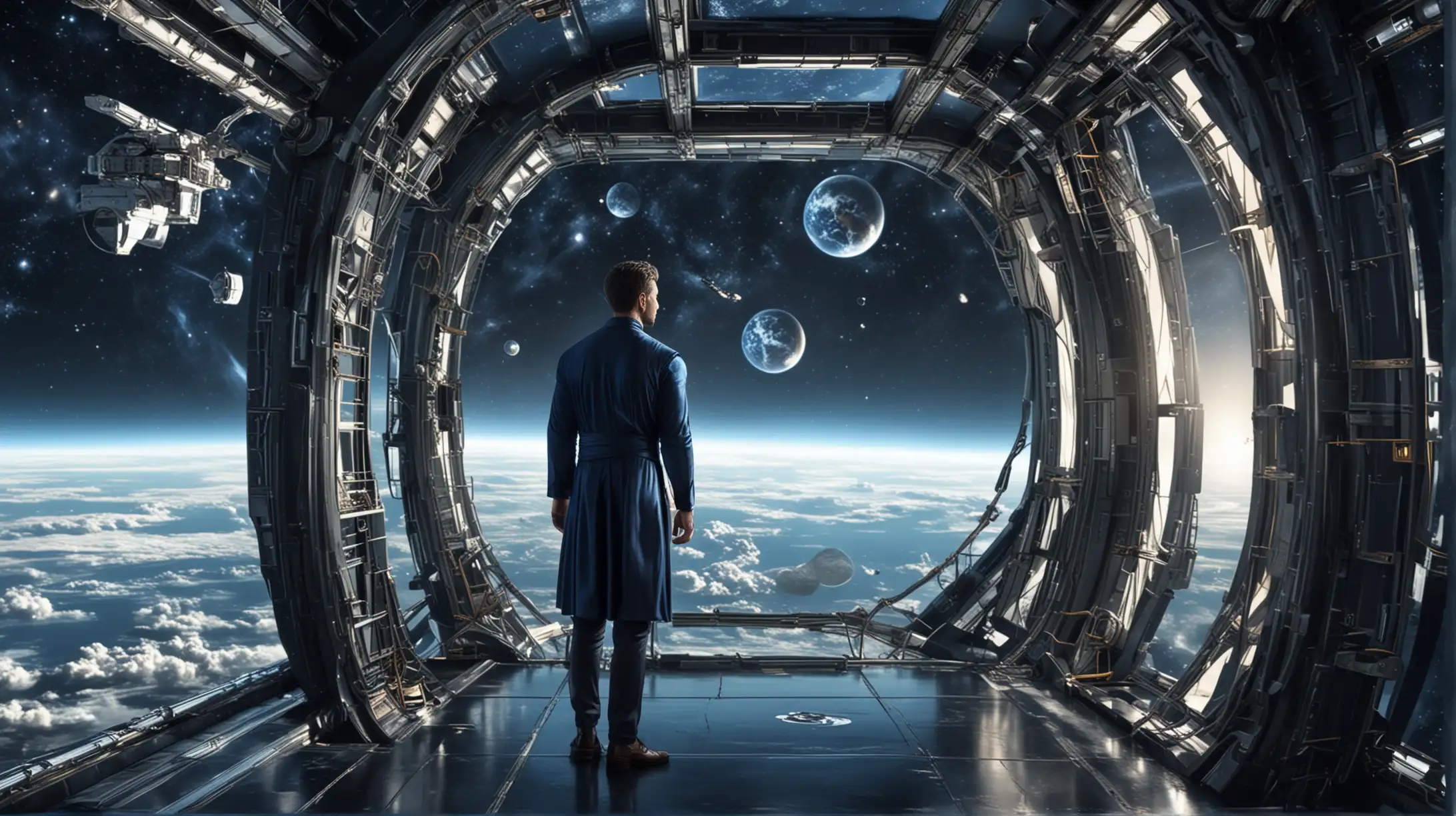 an elegant man, wearing a navy blue silk tunic, on a futuristic space station, looking out wrap around windows at an earth like planet