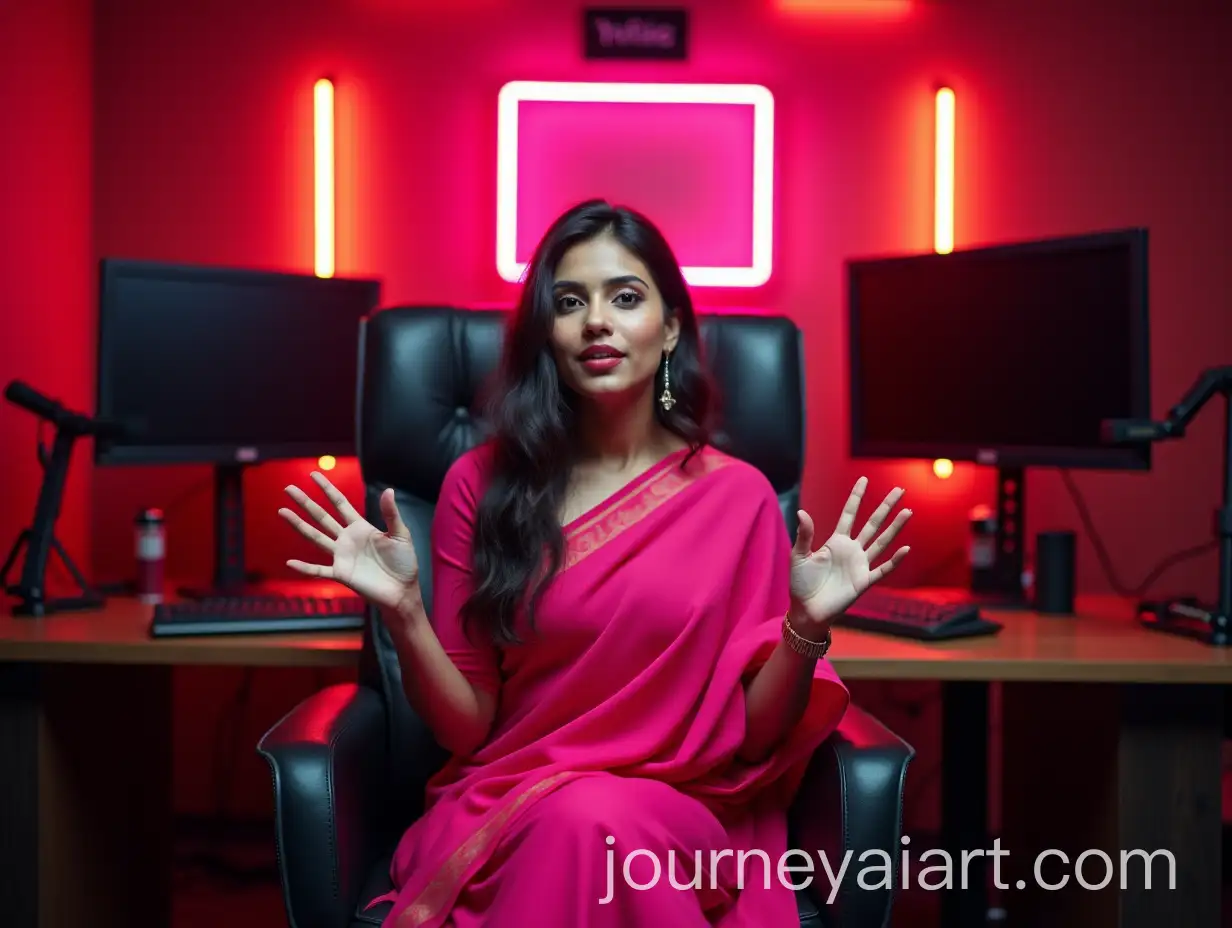 Young-Bangladeshi-Woman-in-Pink-Sari-Explaining-in-YouTube-Studio-with-Neon-Lights