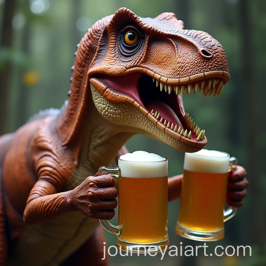 Hyperrealistic-Tyrannosaurus-Rex-Holding-Beer-Mugs