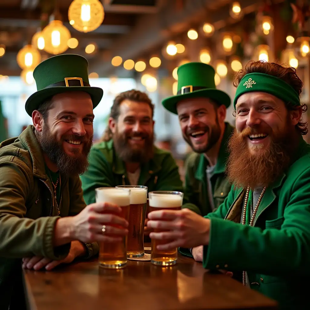 A bar full of St. Patrick's Day, four men celebrate St. Patrick's Day in the bar, holding glasses filled with beer and laughing happily. They wear various St. Patrick's Day items, two sit at the table, and the other two stand behind them. The four of them are facing the camera directly, and all four are clear. St. Patrick's Day, atmosphere, live action, delicate,