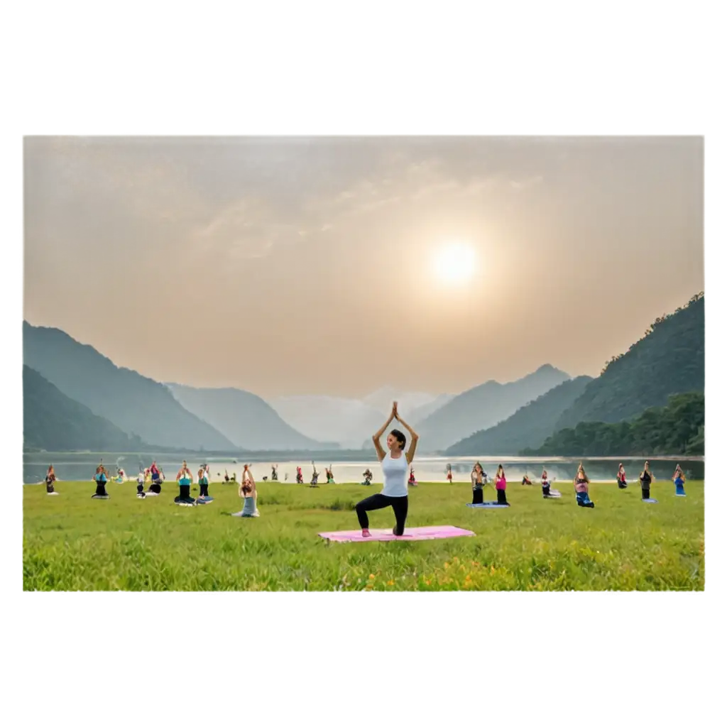 Serene-Morning-Yoga-Scenery-PNG-Vibrant-Grass-Flowers-Mountains-and-River