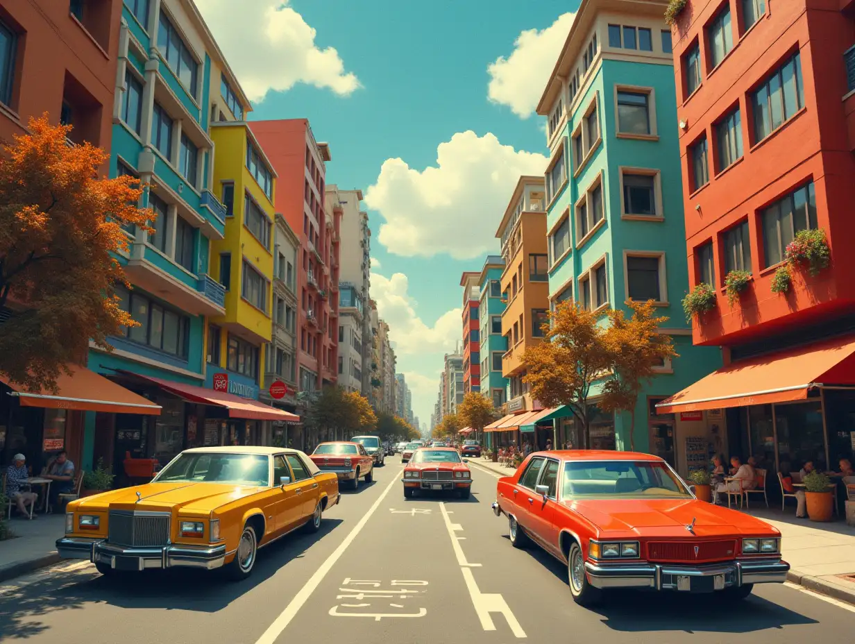 Art generator surreal city with cars,coffeehouses