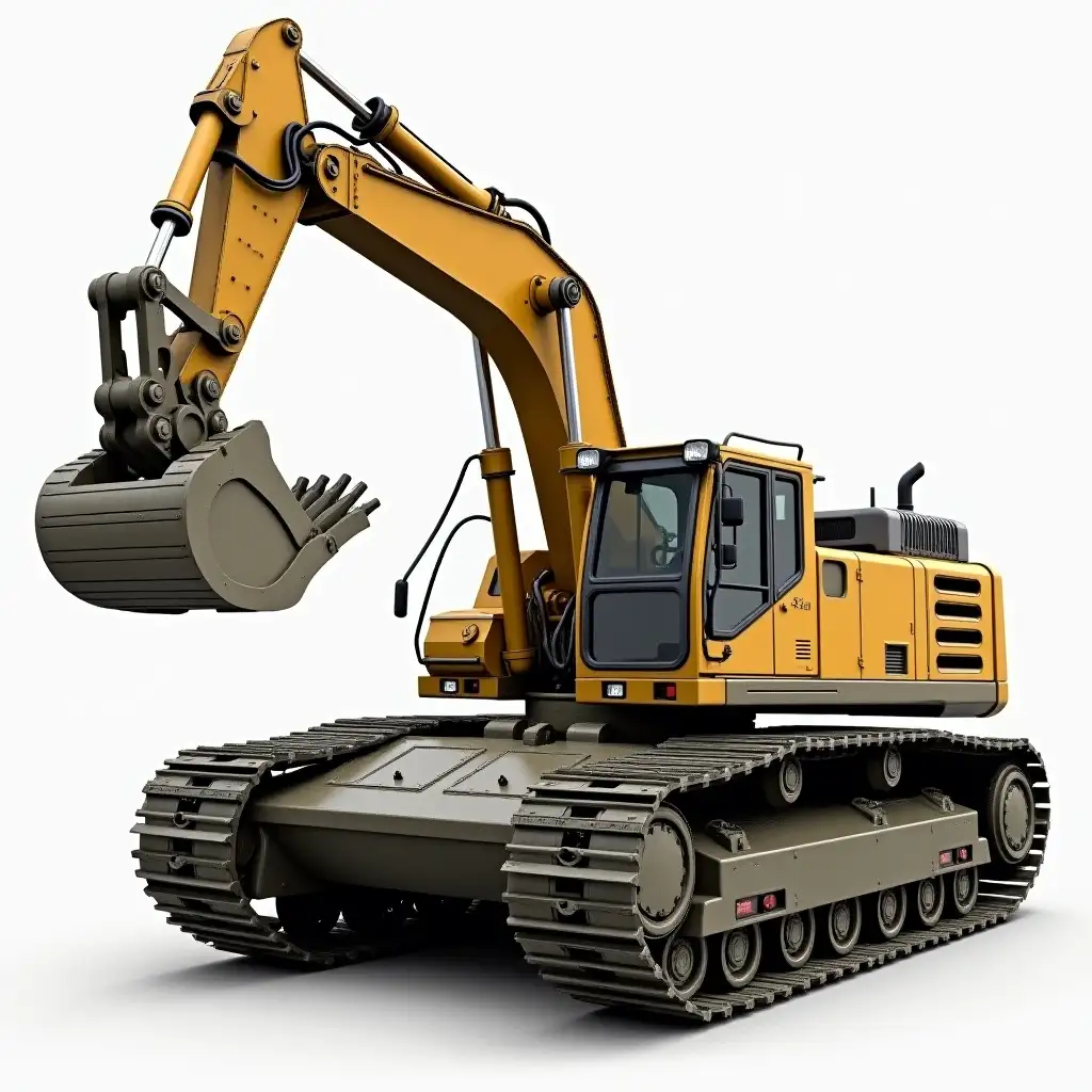 A detailed, realistic image of an excavator completely transformed into a war tank, maintaining all the features and structure of a military tank, such as armored plating, tracks, and weaponry. However, the arm of the excavator remains unchanged and intact, sticking out from the tank as a fully functional excavator arm, retaining all its mechanical details, hydraulic cylinders, and robust texture. The contrast between the heavy-duty tank body and the excavator arm creates a surreal, conceptual fusion of construction and warfare machinery. The background is neutral to emphasize the striking transformation.