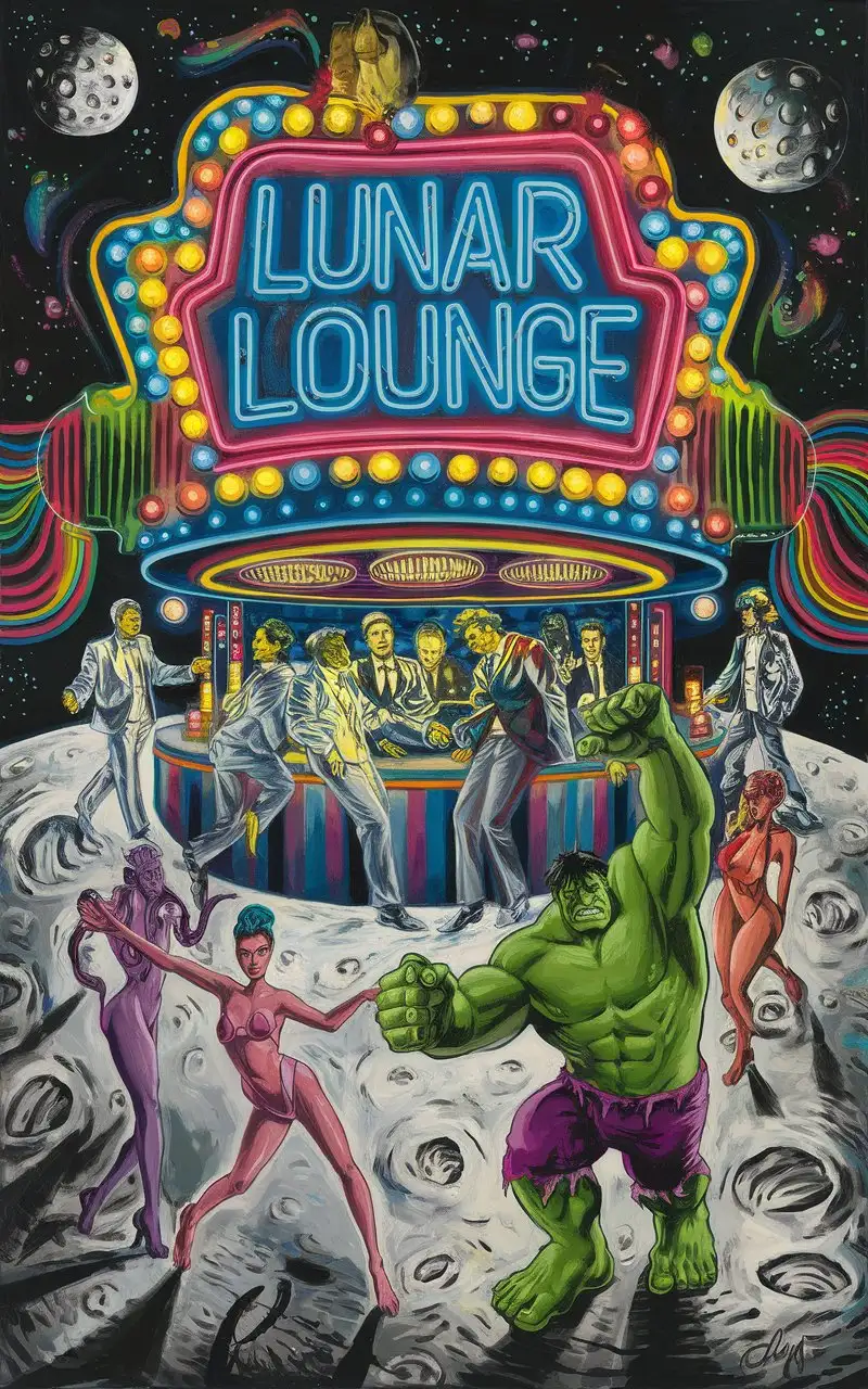 Dancing Aliens and Hulk in a Psychedelic Moonlit Club