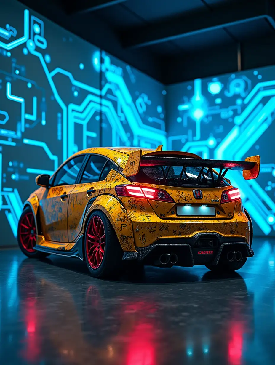 A badass, gold Honda Civic Turbo Type R with full extreme modification, with graffiti patterns protruding from each car body, sports car flaunts its slick, view from behind, aerodynamic design with sharp red accents and red rims. The background is a neon light blue tech-themed mural. The whole scene screams high-tech and performance, giving off a futuristic, engineering vibe.