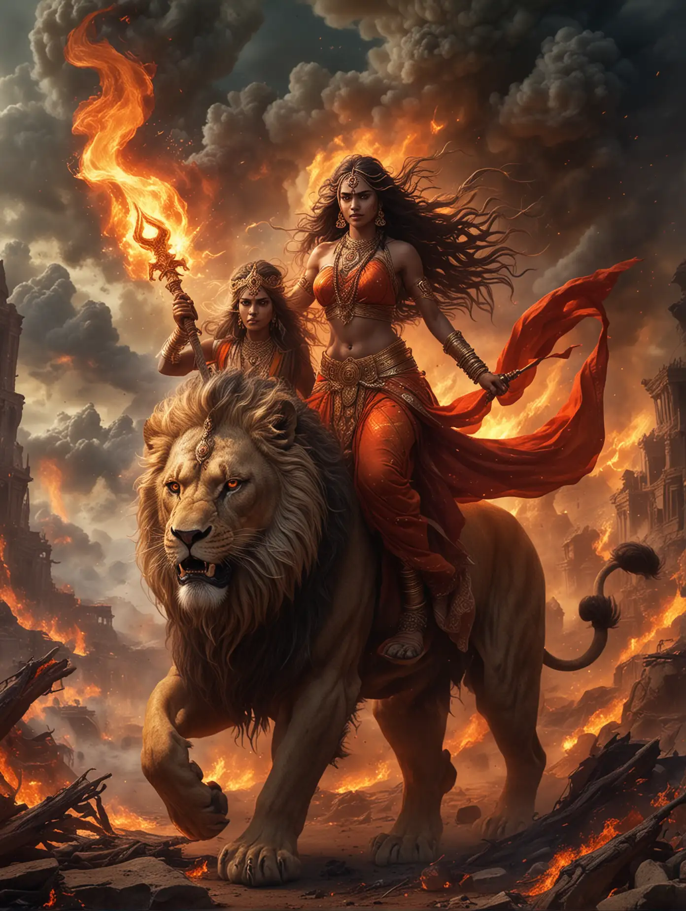 Create a 4k image of a powerful Hindu goddess riding a majestic lion through a fiery, apocalyptic landscape. The goddess should be dressed in flowing, vibrant attire and adorned with intricate jewelry. Her expression should be fierce and determined, holding a weapon or symbol of power. The lion should be muscular and majestic, its mane ablaze with flames. The background should be a chaotic scene of fire and destruction, with swirling clouds of smoke and ash. The overall atmosphere should be one of power, divinity, and impending doom.