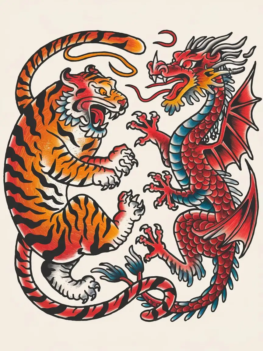 Tiger and Dragon Entwined in Friendly Fight Old Tattoo Style