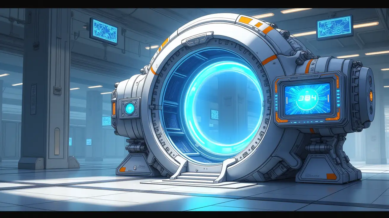 Anime drawing style, create a split image showcasing a futuristic portal machine in an open, spacious environment with both front view on the left and side view on the right. The machine features a sleek, high-tech design with smooth curves and a metallic finish. At its center, a large, glowing circular portal emits radiant light, surrounded by intricate machinery and energy conduits. On the right side of the portal, include an attached futuristic screen and keypad, with the screen placed above the keypad, forming a compact and integrated unit. Incorporate advanced control panels with holographic displays, buttons, and levers that appear interactive. Add floating screens showing data and maps around the machine. The open setting should be illuminated with ambient light, emphasizing the innovative and awe-inspiring technology. Anime style.