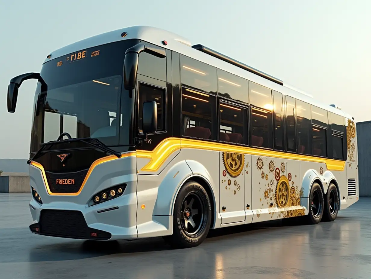 A supermodern utopian sports bus with a sport railing named FRIEDEN, golden stripes on the side with gears, lowered body, 18-inch rims, aluminum wheels, cream silver black cyberpunk.