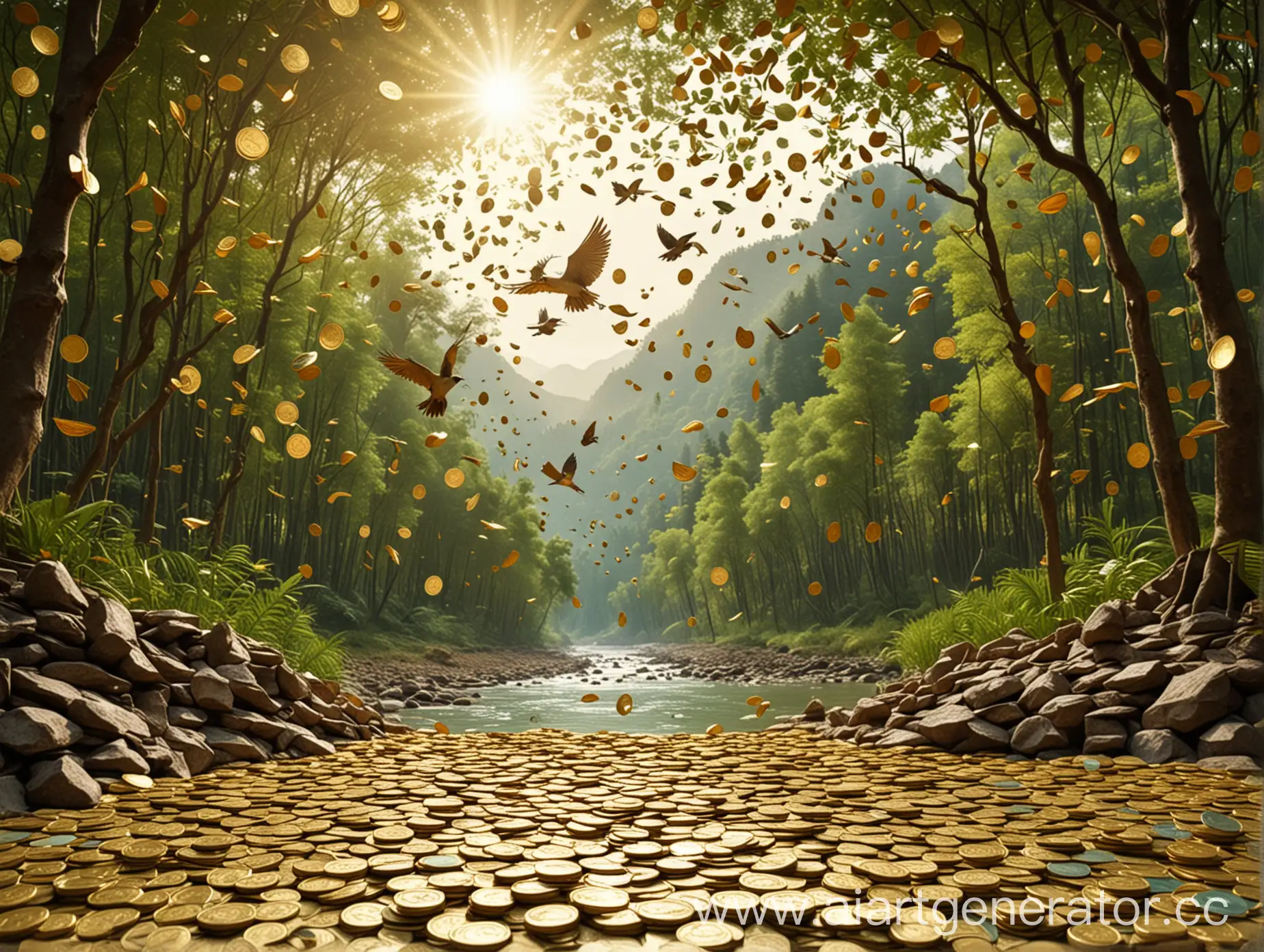 Sunlit-Dense-Forest-with-Money-and-Gold-Coins-River