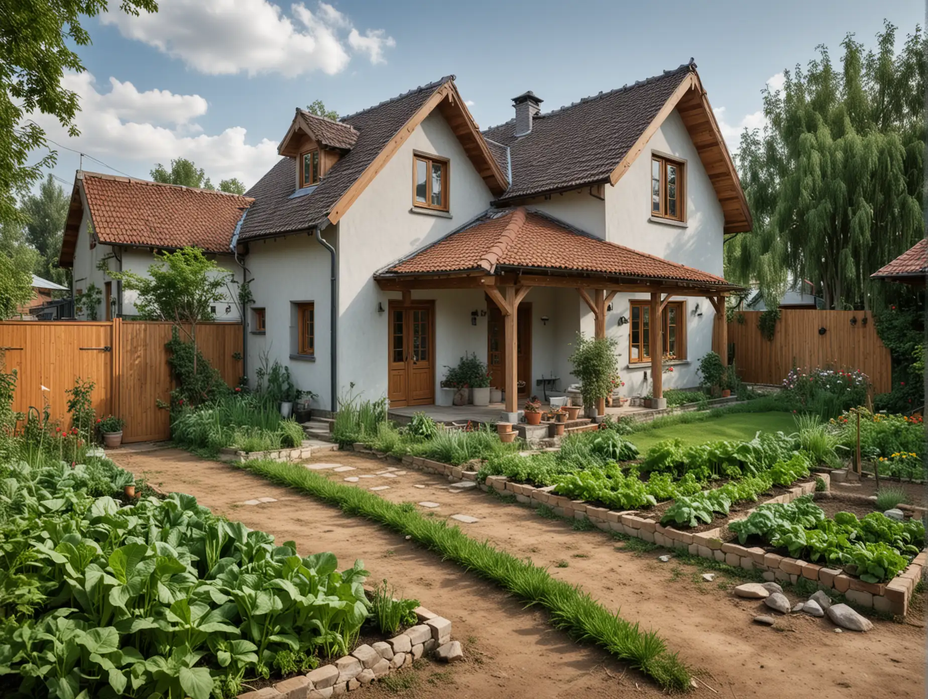 Rural house with yard,Modern style house, There is a vegetable patch in the yard