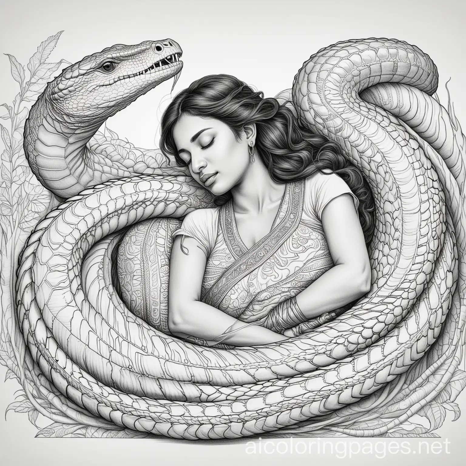 East-Indian-Woman-Sleeping-with-King-Cobra-Coloring-Page