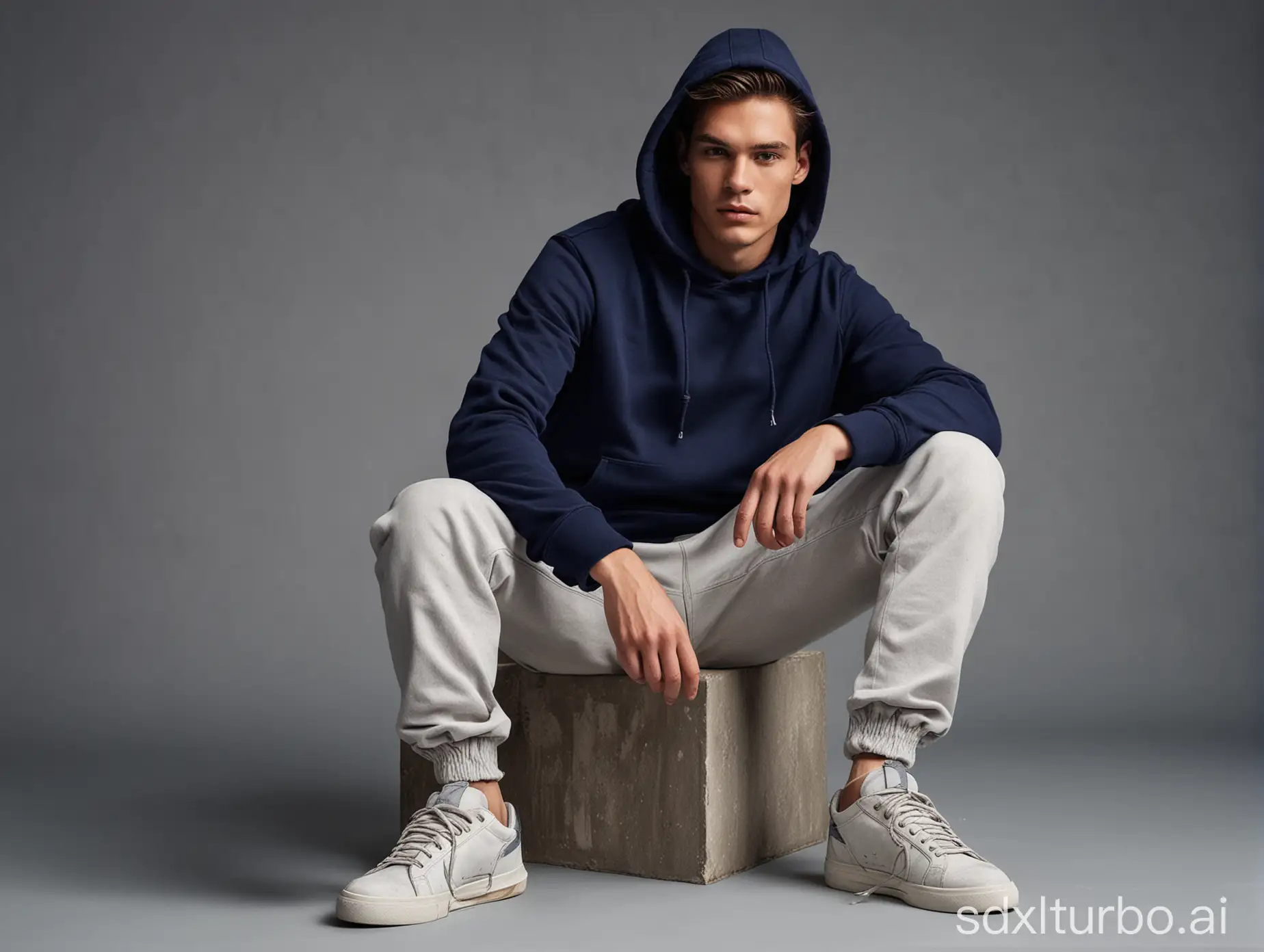 Create an image of a male model seated in a trendy pose, wearing a loose-fit  navy blue color hoodie, light grey color pant, and sneakers, against a studio background with textured elements.