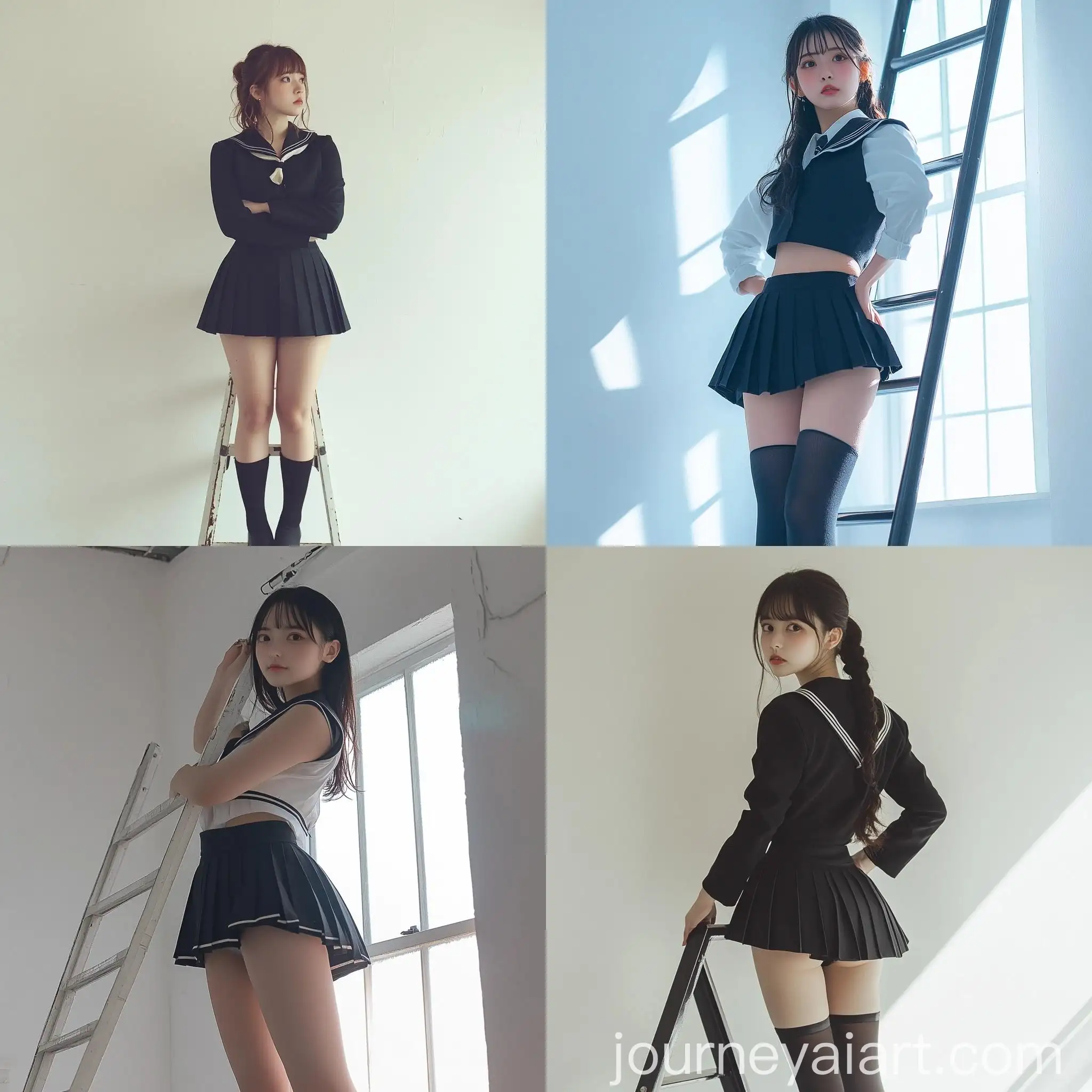 School-Girl-Uniform-Pose-on-Ladder-in-Photography-Studio