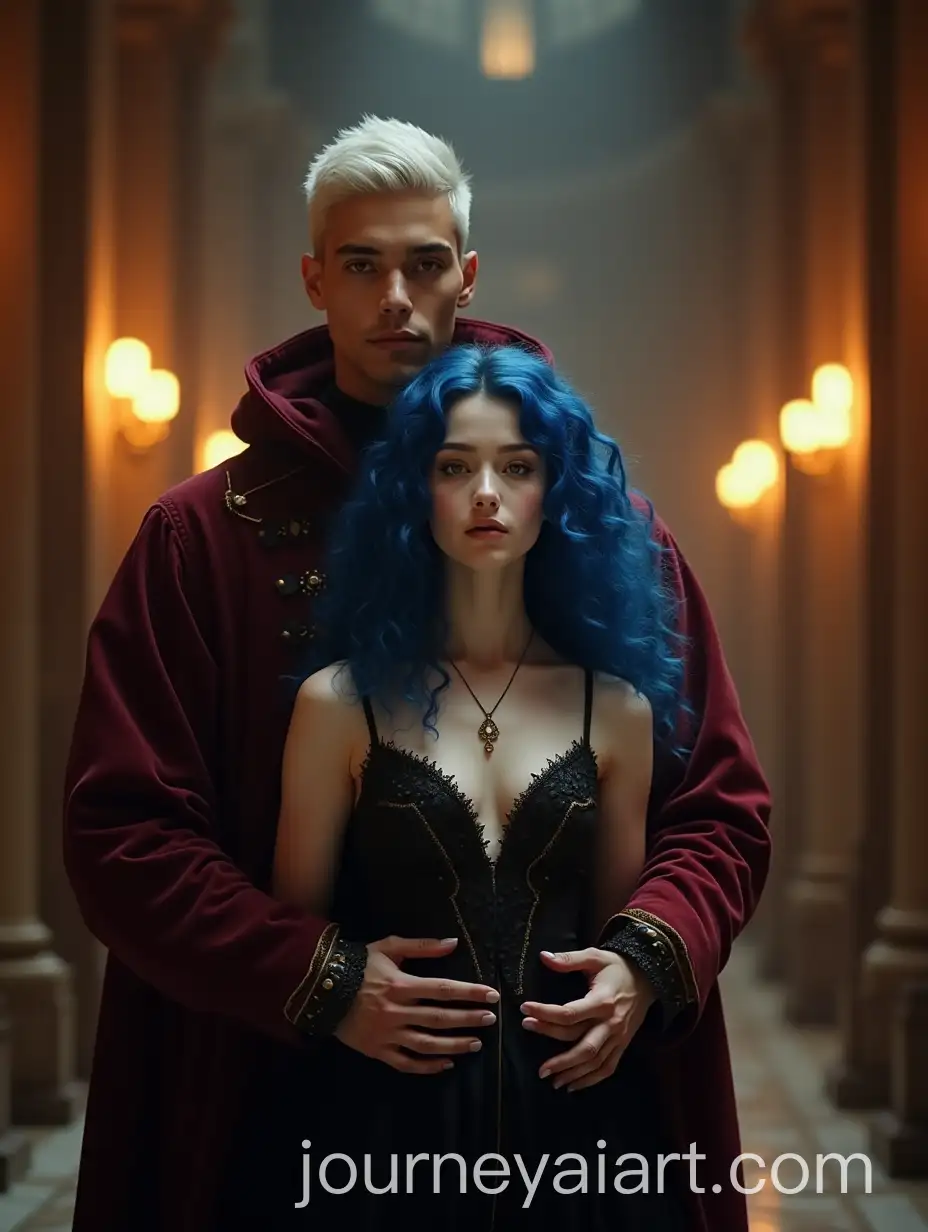 Fantasy-Couple-in-Gothic-Cathedral-Hall-with-Magical-Lights