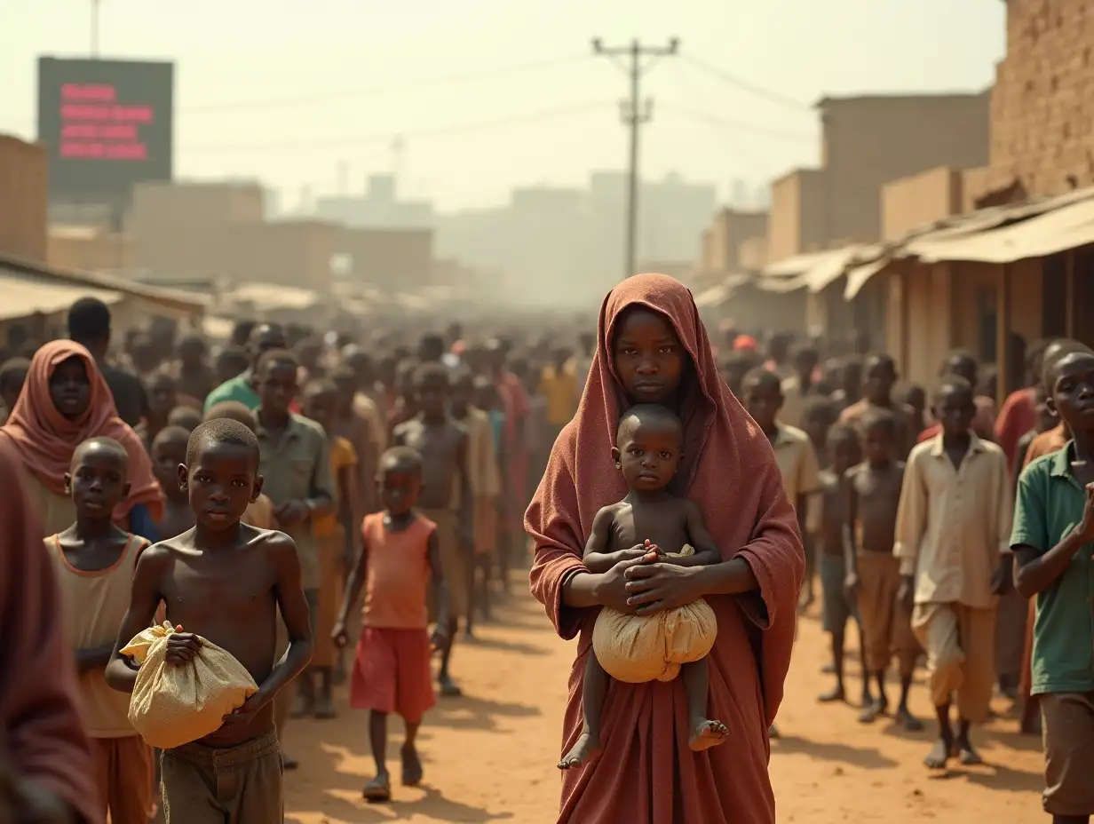 A sprawling, sun-bleached landscape dotted with makeshift shelters and crowded urban slums, where thin children with hollow eyes wait in long lines for sparse food rations. In the foreground, a mother cradles her malnourished child, limbs frail and eyes searching, as aid workers distribute bags of grain and fortified biscuits. The air is heavy with dust and the quiet desperation of hunger. Across the scene, faded banners from humanitarian organizations flutter, while digital screens in a nearby city flash the stark World Bank statistic: ‘733 million people malnourished in 2023.’ The faces in the crowd reflect a global crisis—men, women, and children from Africa, Asia, and beyond—each bearing the silent burden of food insecurity that has surged by 152 million since 2019. In the background, markets display empty shelves and inflated prices, underscoring the relentless rise of hunger and the widening gap between abundance and need