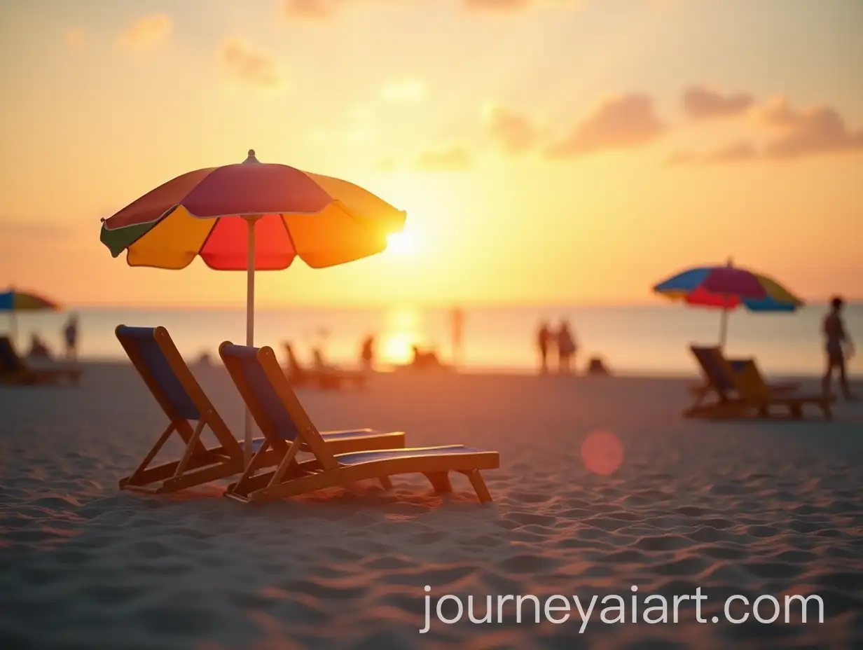 Serene-Beach-Sunset-with-Chairs-and-Colorful-Umbrella