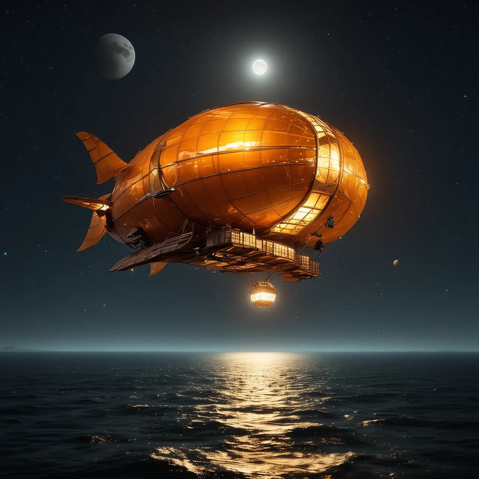 A very small, sleek, fabulous amber airship with an open upper deck flies over a sea at night. The full moon shines in the sky. There is a large glass window in the nose.