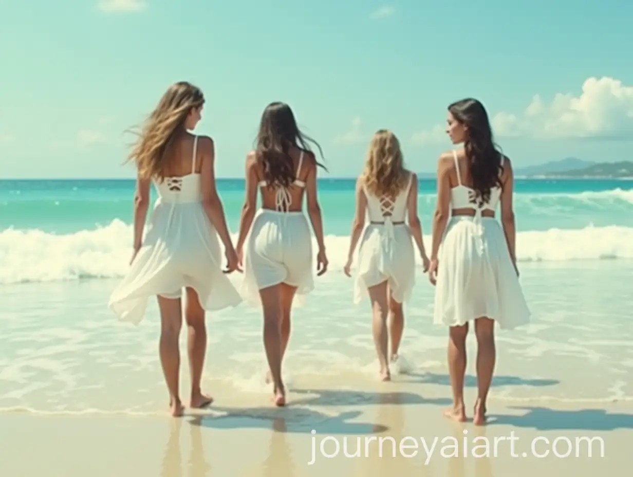 Four-Caucasian-Girls-Playing-on-a-Paradise-Beach-in-White-Dresses-in-Cinematic-Style