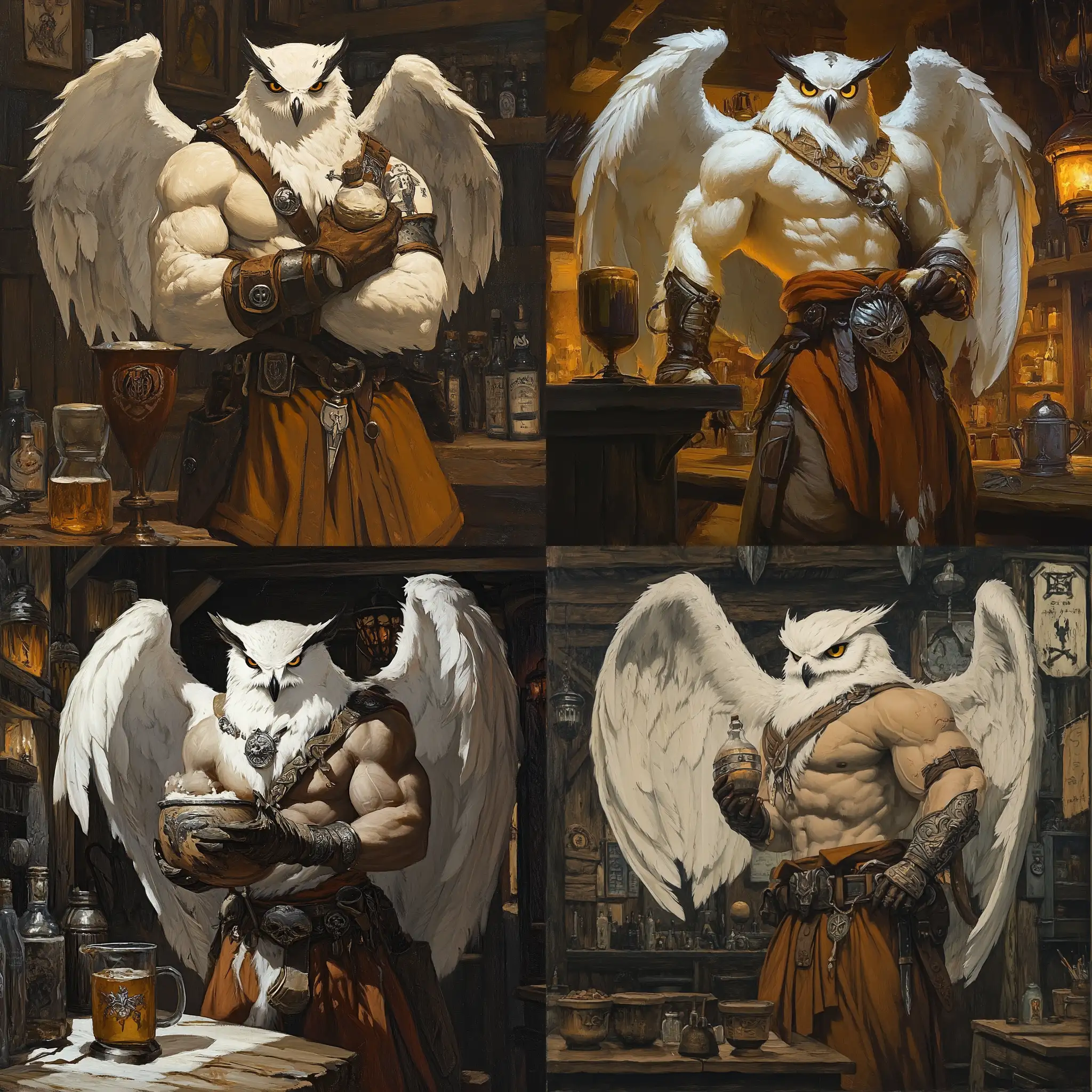 White-Snow-Owl-with-Black-Spots-Perched-on-a-Monk-in-a-Cozy-Tavern