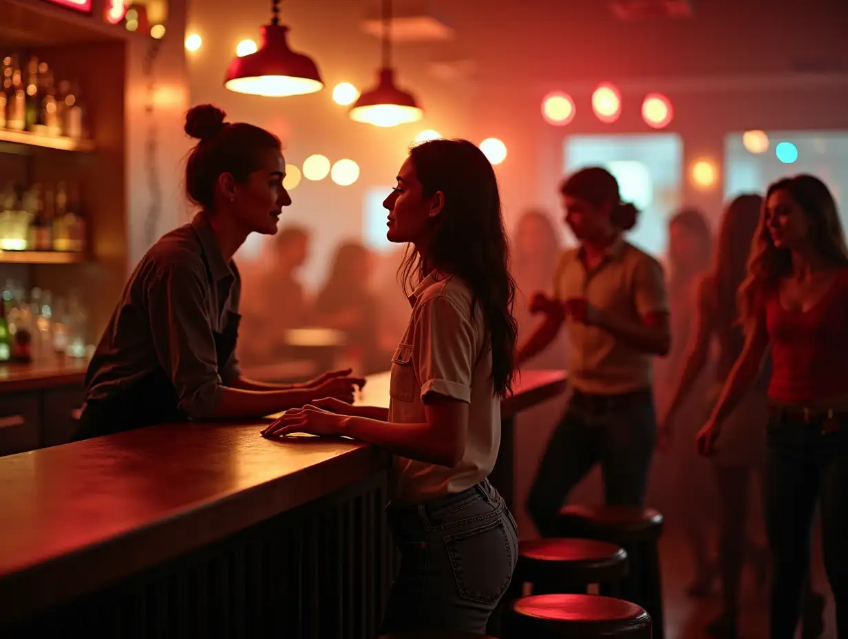 Restaurant, bar counter, a twenty-five-year-old girl is standing at the counter, talking to the bartender across the counter, near the bar several young people are dancing a fast dance, background