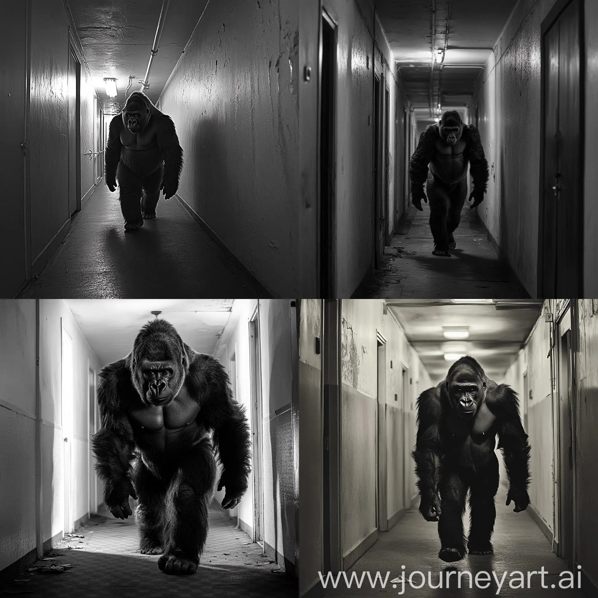 Scary-Gorilla-Walking-Down-Hostel-Hallway-in-Monochrome