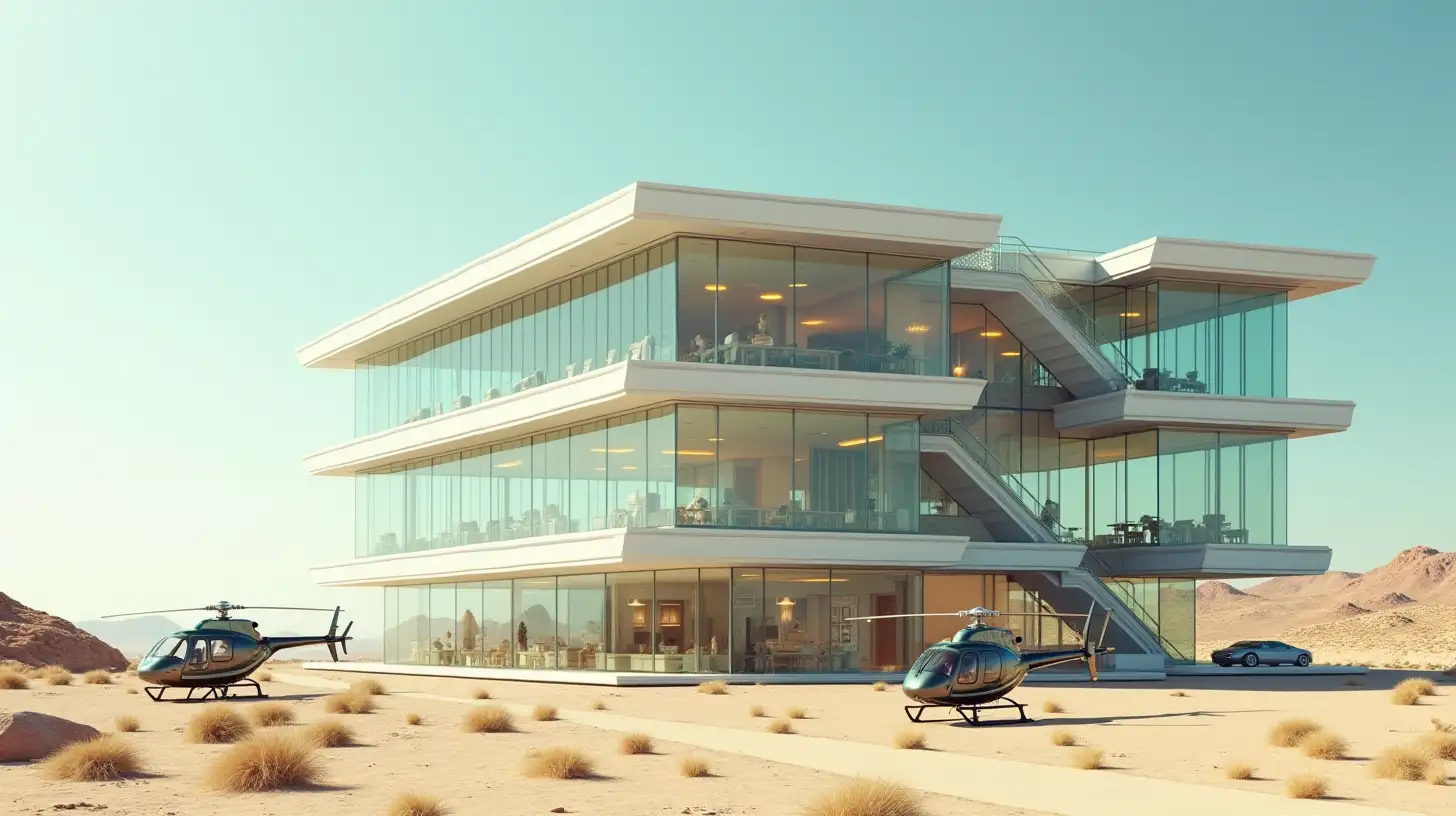 Modern Glass and Aluminum Skyscraper in the Desert with Helicopters