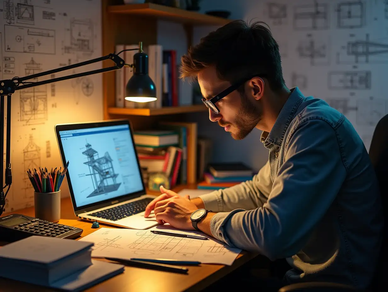 In a cozy, focused corner of his room, the engineering student dives into his studies with unwavering determination. His desk, a vibrant landscape of reference books, sketches, and meticulously noted equations, reflects the intensity of his commitment. Blueprints and structural designs line the walls, not only as study aids but as daily reminders of his dreams and the heights he’s reaching for. His laptop displays intricate 3D models, the screens glowing with possibilities that pull him forward. The warm desk lamp casts a focused glow over his workspace, illuminating each tool—a scientific calculator, colored pencils, a metal ruler—each item carefully placed and ready to bring his ideas to life. His glasses rest on a face marked by a blend of concentration and a subtle hint of fatigue, showing his dedication to tackling challenges and mastering the concepts in front of him. In this space, where long hours blend into moments of revelation, he’s crafting not only his knowledge but also his future. Every calculation, every late night, and every sketched idea is a step closer to his goal. The room feels like a workshop of dreams, where purpose and hard work meet, showing that greatness is built with quiet persistence, one solved problem at a time.