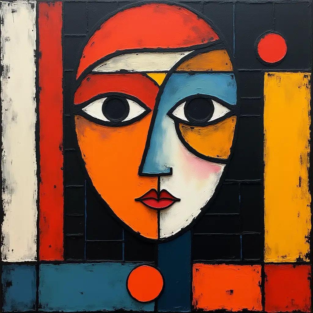 user_prompt: A grid picture, with a stripe, primitively schematic, spiral comma face in the style of Kandinsky, Malevich, minimalism, simplified for beginner acrylic painter with many colors, constructivism abstractionism, darkly