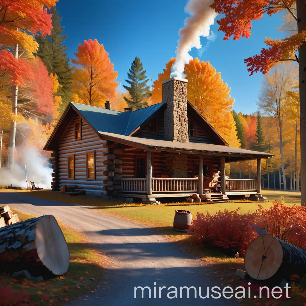 Cozy Log Cabin with Smoking Chimney in Vibrant Fall Forest