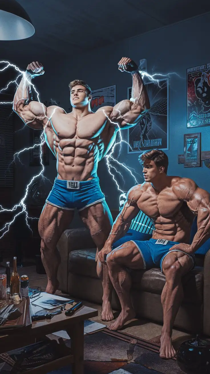 The night we were chosen to become superheroes. 2 College aged super bodybuilders. Massive Muscles. Awesome powers. Frat house common room. Night. Lightning. Photorealistic.