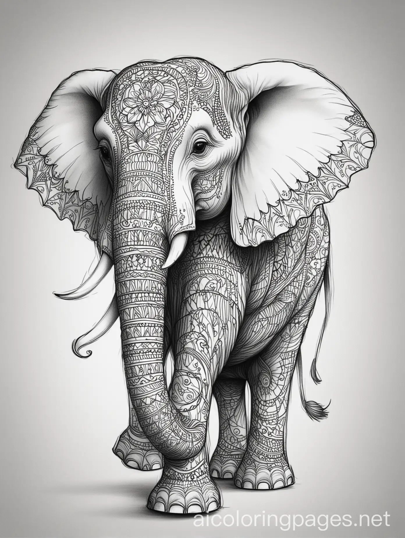 Create a stunning, intricate, black and white design of a beautiful and elegant elephant for a tattoo. , Coloring Page, black and white, line art, white background, Simplicity, Ample White Space. The background of the coloring page is plain white to make it easy for young children to color within the lines. The outlines of all the subjects are easy to distinguish, making it simple for kids to color without too much difficulty