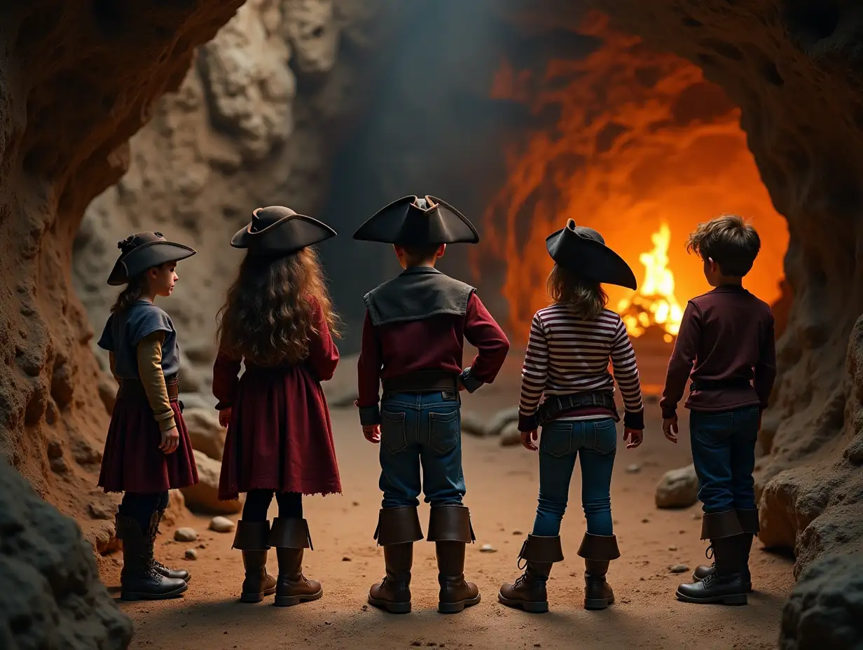 Children's dream world, children in pirate outfits, before the treasure in the cave