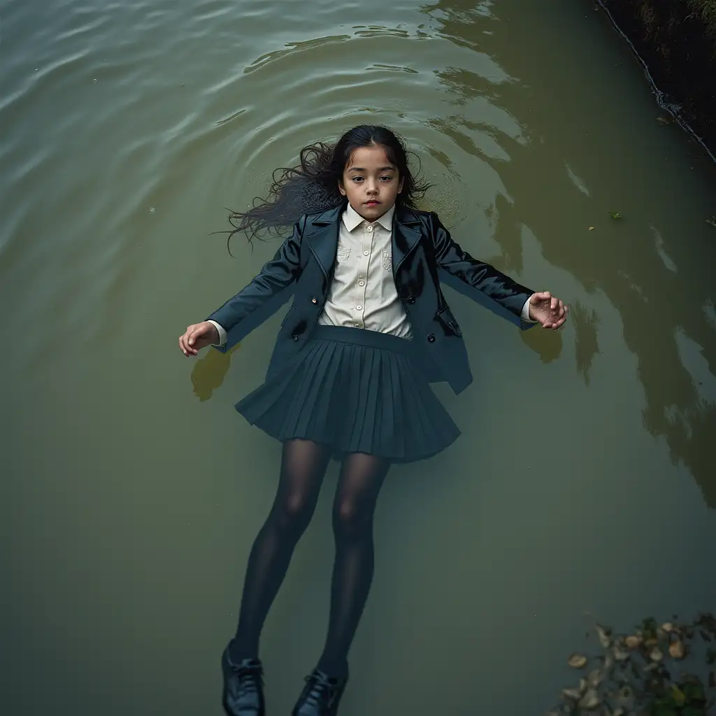 A young schoolgirl in a school uniform, in a skirt, jacket, blouse, dark tights, high-heeled shoes. She is swimming in a dirty pond, lying under water, all her clothes are completely wet, wet clothes stick to her body, the whole body is under water, submerged in water, under the surface of the water, below the water's edge.