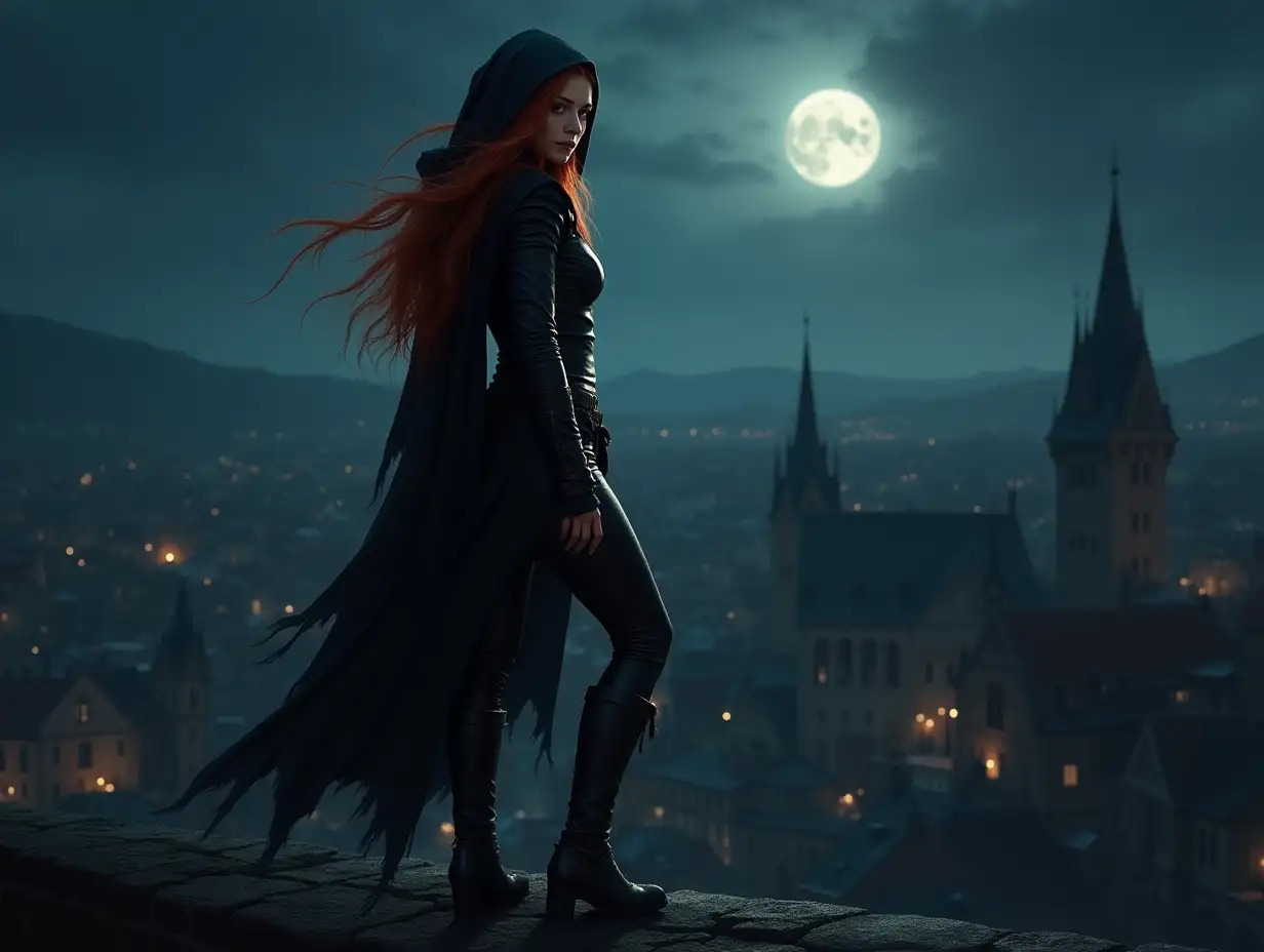 A digital art portrait of an elven woman standing on the edge of a rooftop, overlooking a medieval city at night under a full moon. She has long red hair and wears black leather with a hooded cloak. The background is a dark fantasy landscape with buildings and town lights. Her pose exudes confidence and strength as she stands tall against her surroundings, in the style of Magali Villeneuve, Eve Ventrue, and Peter Mohrbacher