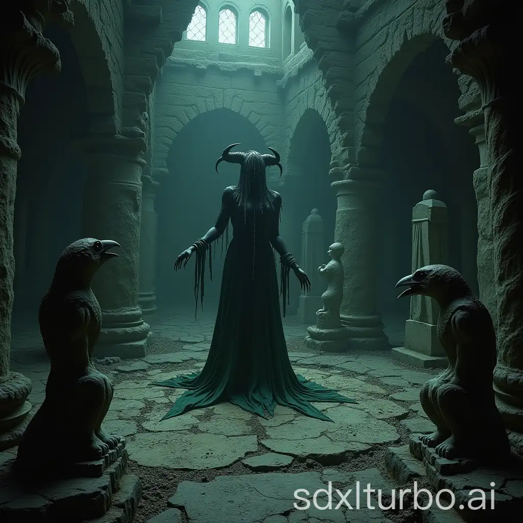 an ominous sinister dryad performing a sinister ritual in a haunting eerie ancient decayed crumbling temple, sinister engravings, runes, ominous ravens, eerie terrifying marble statues and sinister gargoyles, dreadful, haunting sinister spooky unsettling atmosphere, epic, dramatic, stunning spooky intricate hyperdetailed creation, spooky lighting