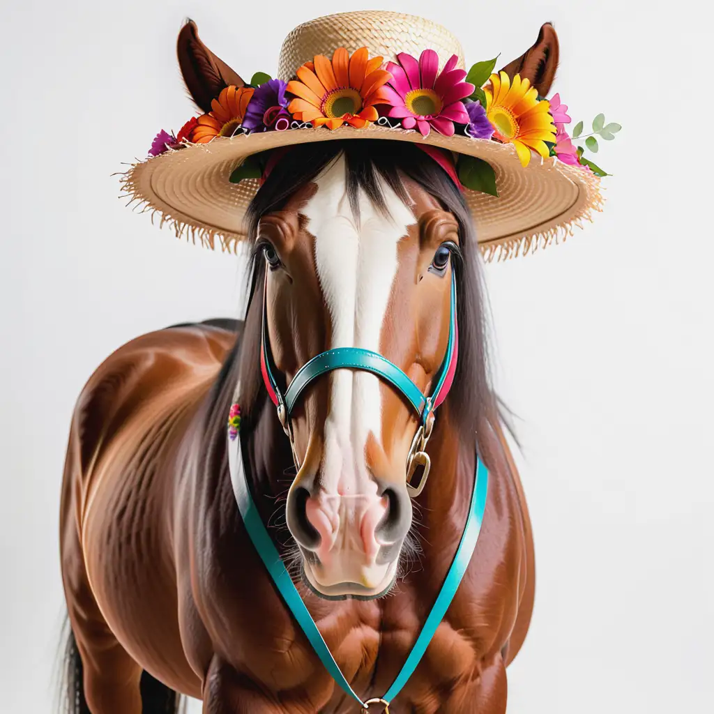 Clydesdale Horse Portrait with Colorful Floral Straw Hat