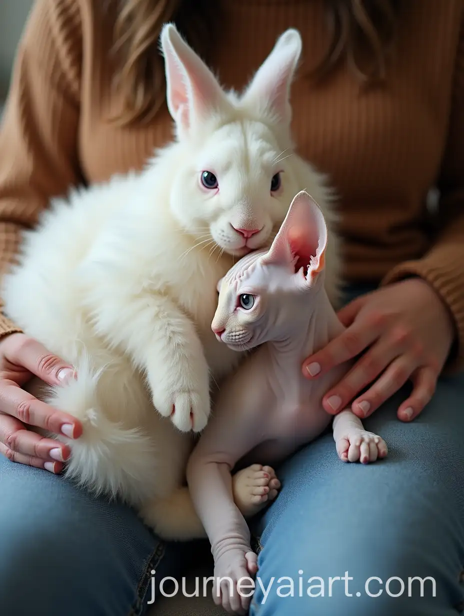 Angora-Rabbit-and-Sphynx-Cat-Cuddling-with-Owner-in-Cozy-Indoor-Setting