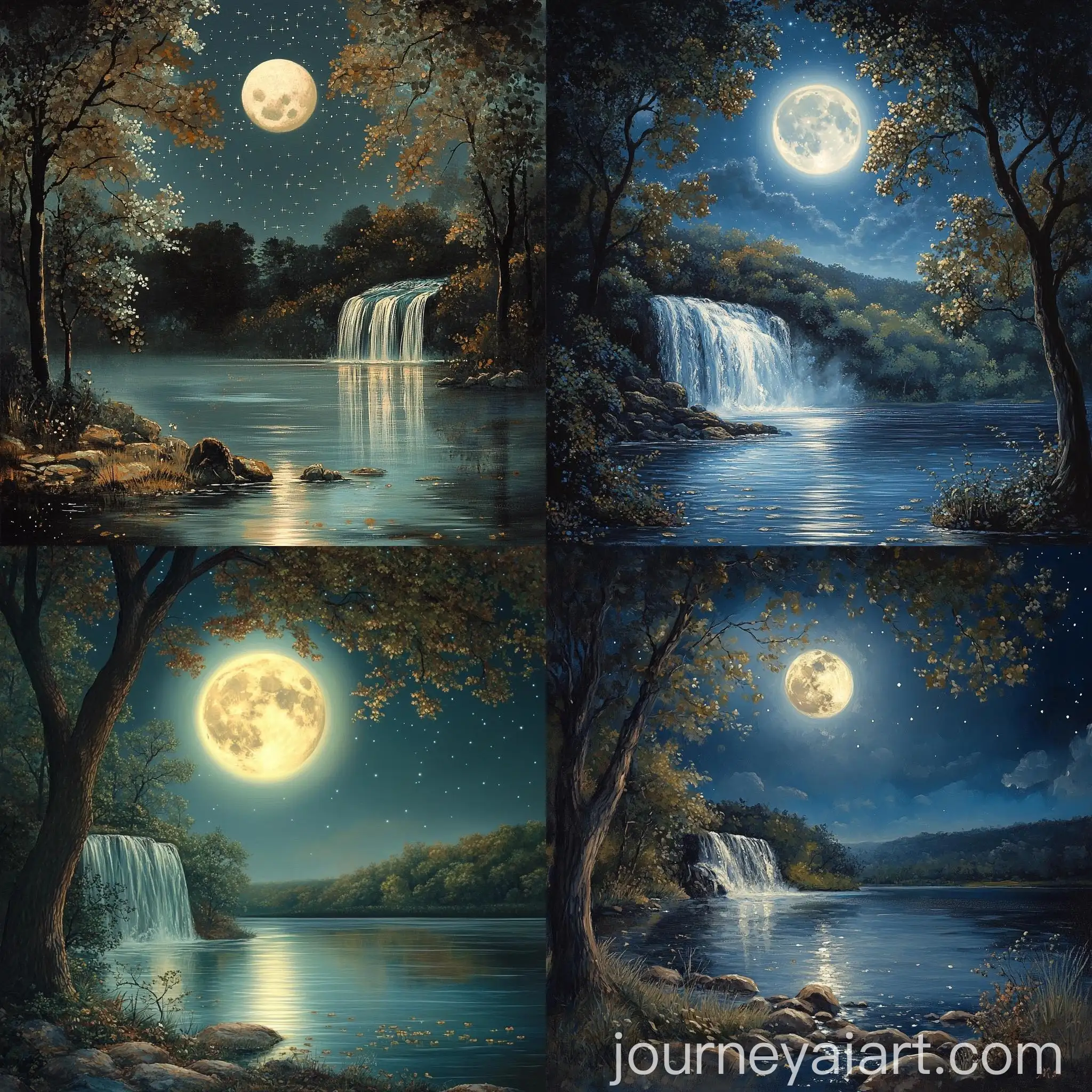 Tranquil-Night-Landscape-with-Moonlit-Lake-and-Twinkling-Stars