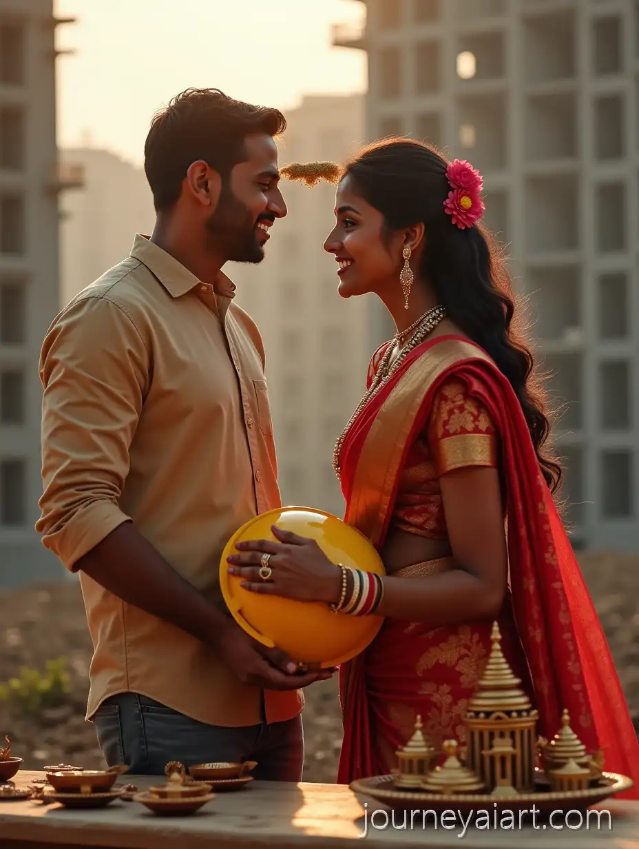 Indian-Sibling-Ritual-at-Construction-Site-with-Pooja-Thali-and-Building-Model