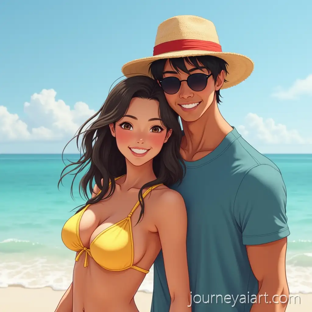Asian-Couples-Enjoying-a-Sunny-Beach-Day-in-Vibrant-Swimwear